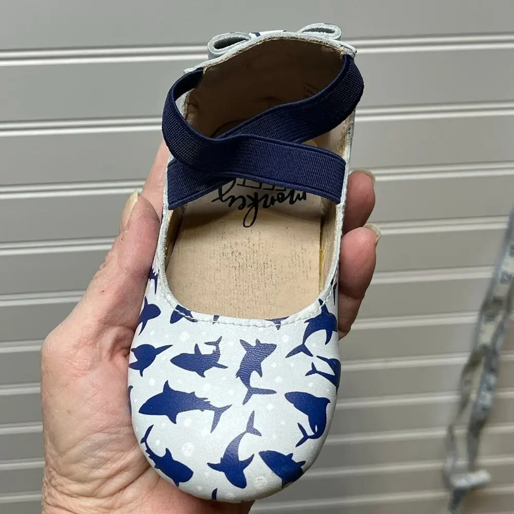Monkey Feet Leather Ballet Flats with Back Bow & Shark Print Size 18-24 Months